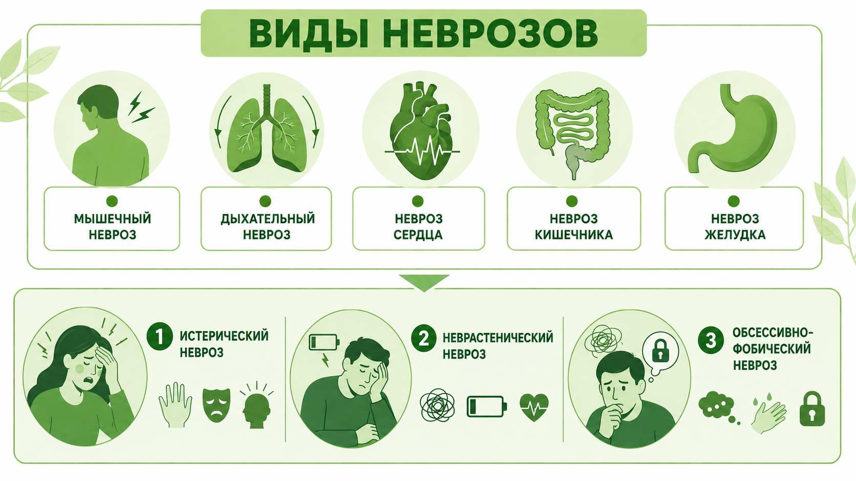 Схематичная инфографика с основными видами неврозов: мышечный, дыхательный, невроз сердца, кишечника и желудка, а также истерический, неврастенический и обсессивно-фобический невроз.